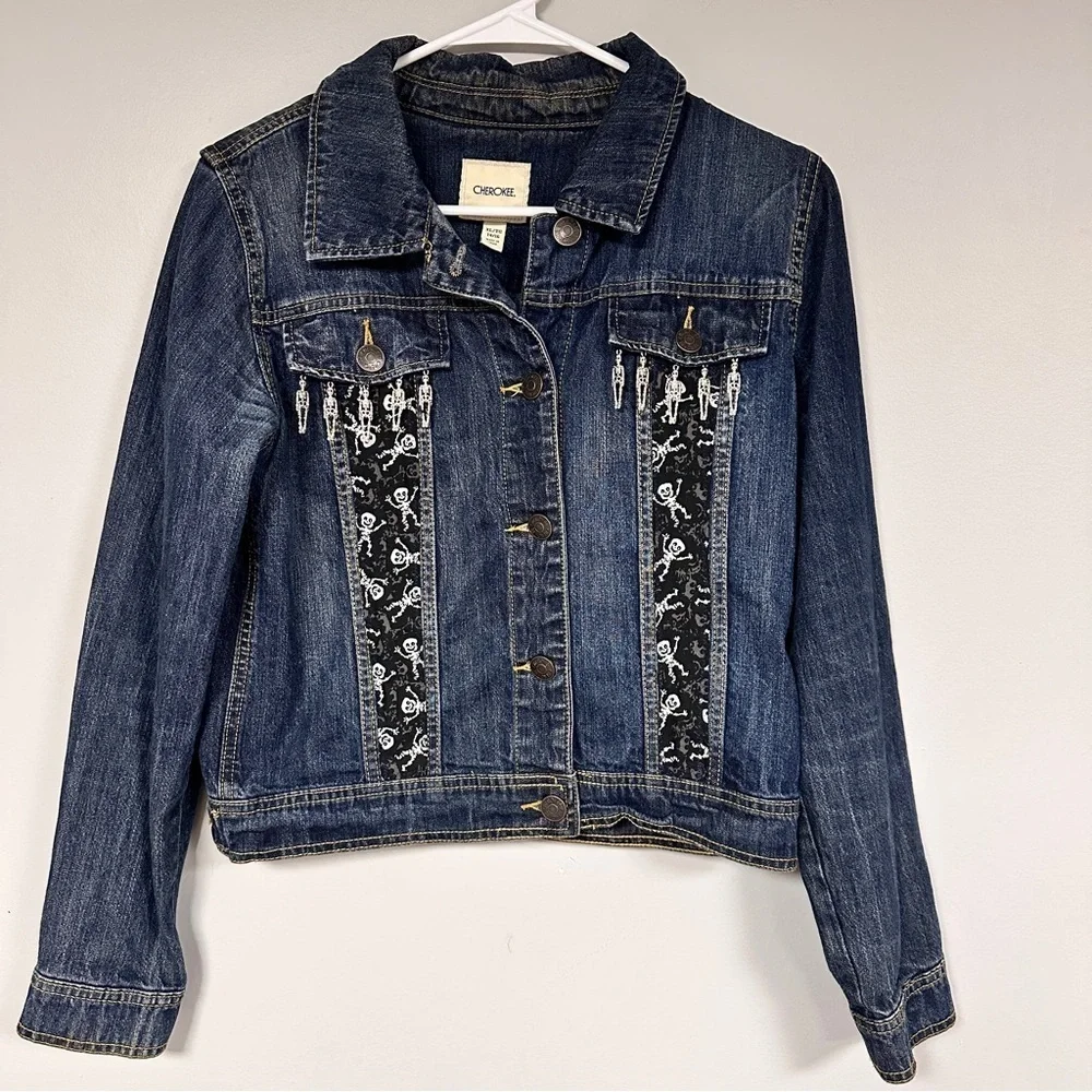 Black & White Skeleton fabric on an Upcycled Cherokee Denim Jacket., XL 14 / 16